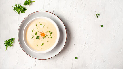 Creamy vegetarian vegan soup, healthy diet vegetarian fresh organic cream soup, Long banner format, top view