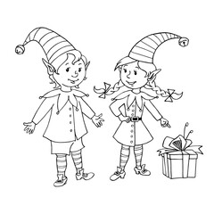 Cute little Christmas Elves girl and boy. Vector hand drawn black outline Cartoon characters. Simple illustration for New year and xmas design, greeting cards, calendars, prints, coloring book