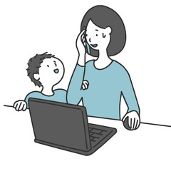 子どものいる家庭で在宅勤務をする女性　