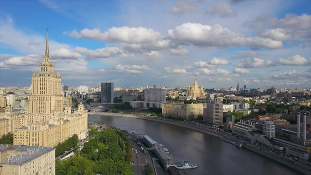 sunny day moscow city river bay famous buildings aerial flight over panorama 4k russia