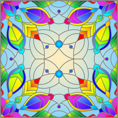 Fototapeta na wymiar Illustration in the stained glass style with an abstract flower arrangement on a blue background, square image