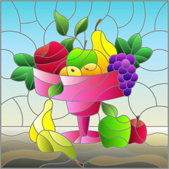Illustration in stained glass style with still life, ripe fruit and berries in a vase, square image