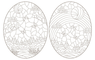 Set of contour illustrations of stained glass Windows with summer landscapes, dark outlines on a white background, oval images