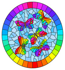 Fototapeta premium Illustration in stained glass style with abstract bright butterflies on a blue background, oval image in bright frame