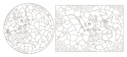 Set of contour illustrations of stained glass Windows with cute cartoon mice on the moon, dark outlines on a white background