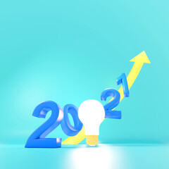 3D illustration. Light bulb with number 2021 plans and direction. Business plan and strategy concept with idea in year 2021