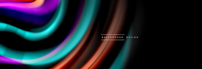 Dynamic motion abstract background. Color blurred stripes on black. Wave liquid lines poster. Vector illustration
