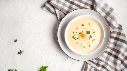 Healthy vegan cauliflower cream soup. Diet food. homemade healthy organic vegetarian vegan diet fresh food meal dish soup lunch, space for text. top view