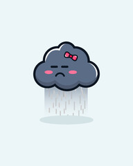 Cute Cartoon cloud vector with sad but cute expression with ribbon, white or grey cloud illustration, forecast, weather, wallpapers for fabric, packaging, Decorative print, Textile