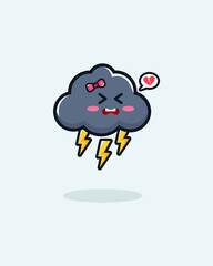 Cute Cartoon cloud vector with angry but cute expression with ribbon, white or grey cloud illustration, forecast, weather, wallpapers for fabric, packaging, Decorative print, Textile