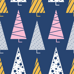 Seamless pattern with cute hand drawn geometric Christmas trees. Modern abstract design. Minimal vector background for card, gift, print, packaging, wrapping paper, wallpaper, fabric, textile.