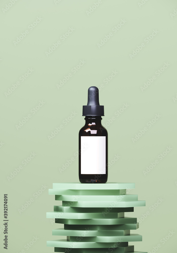Poster minimal abstract mockup background for product presentation. cosmetic bottle on green layer stripe p