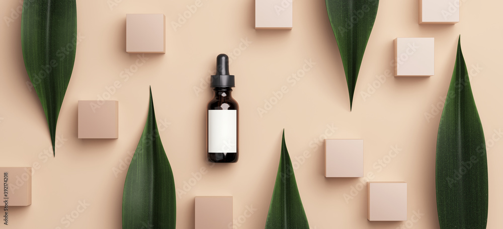 Poster minimal abstract mockup background for product presentation. cosmetic bottle and leaves with beige c