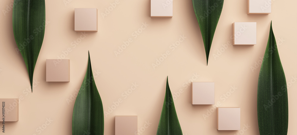 Poster minimal abstract mockup background for product presentation. green tropical leaves with beige cube o