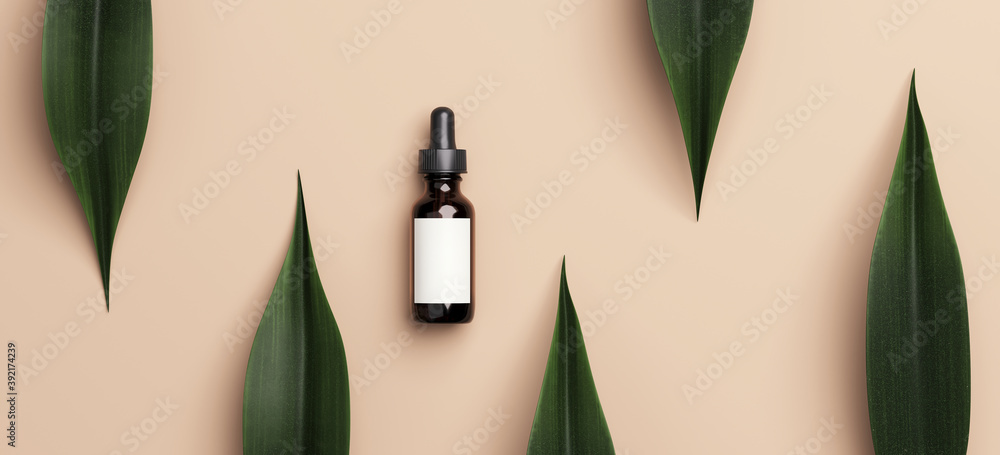 Aufkleber minimal abstract mockup background for product presentation. cosmetic bottle and green leaves on bei
