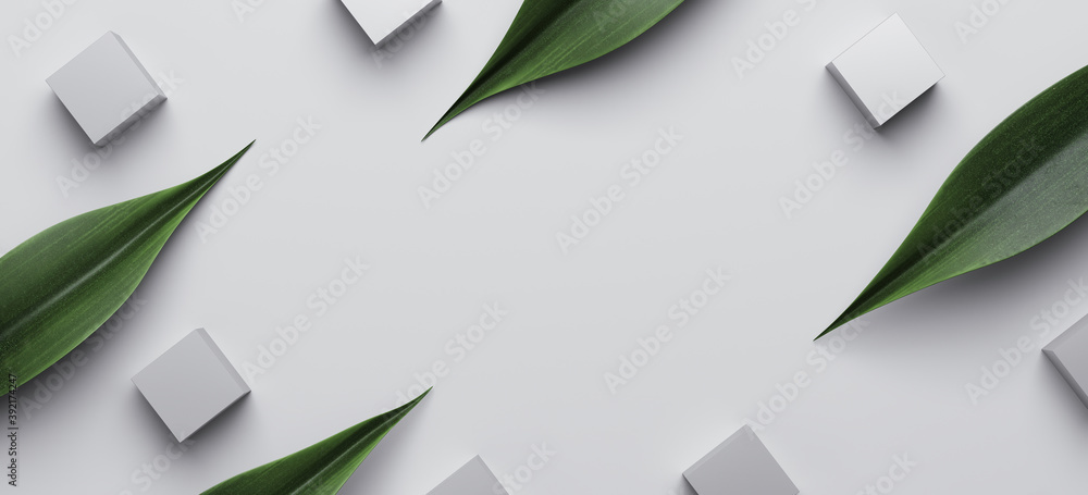 Poster minimal abstract mockup background for product presentation. green tropical leaves with grey cube on