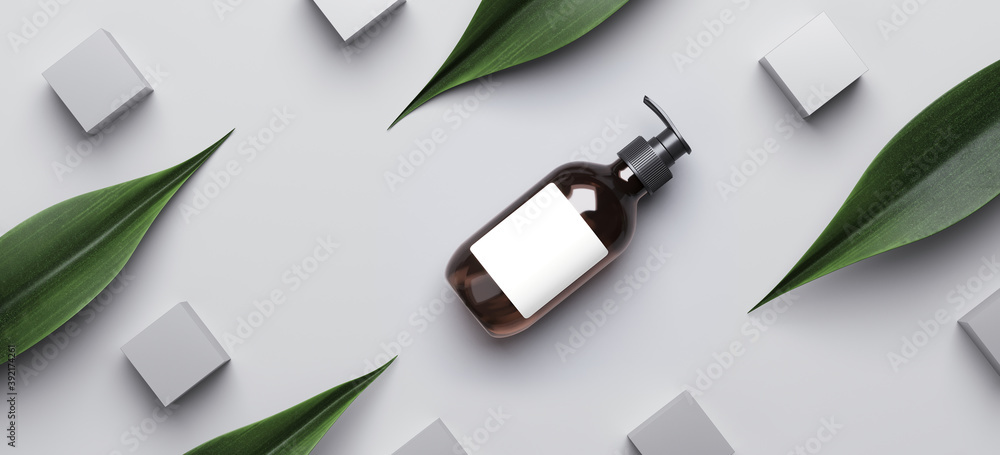 Poster minimal abstract mockup background for product presentation. cosmetic bottle and green leaves on gre