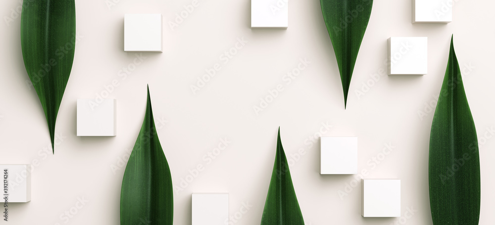 Poster minimal abstract mockup background for product presentation. green tropical leaves with white cube o