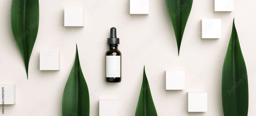 Poster minimal abstract mockup background for product presentation. cosmetic bottle and green leaves on whi