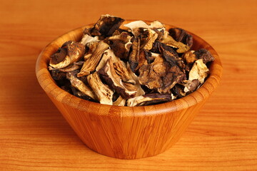 Dried mushrooms in wooden bowl. Boletus badius.