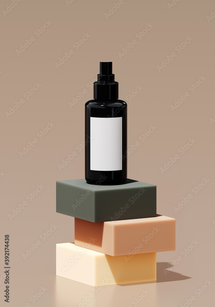 Poster minimal abstract mockup background for product presentation. cosmetic bottle on green step podium on