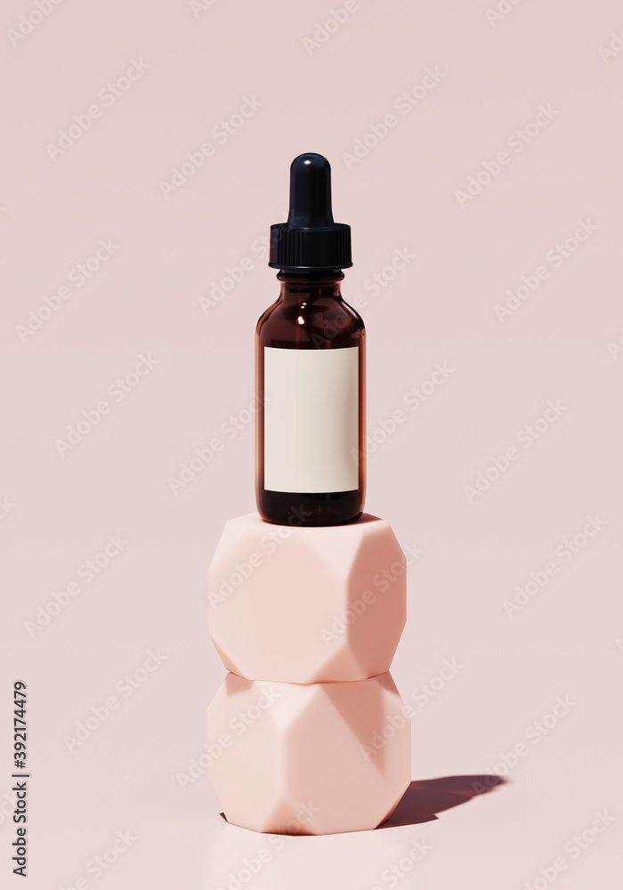 Poster minimal abstract mockup background for product presentation. cosmetic bottle on pink podium on pink 