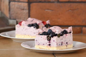 Cold cheesecake with blueberry and strawberry