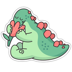 Sticker stegosaurus with a flower.