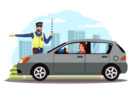 Police officer regulating road with cars. Man sitting in car, policeman standing allowing to drive further, hand gesture. Safe driving in city vector illustration. Street rules and safety