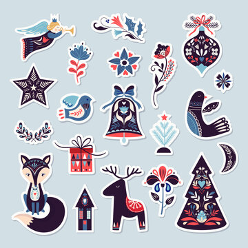 Christmas stickers collection in Scandinavian style, winter seasonal design