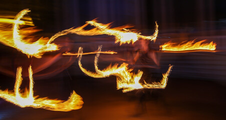 Flame of fire in motion at night.