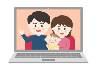 Parents and a baby having video call on laptop. Vector illustration isolated on white background.