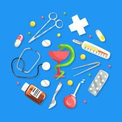 Medical Supplies and Equipment in Circular Shape, Medical Tools Therapy and Treatment Symbols Cartoon Vector Illustration