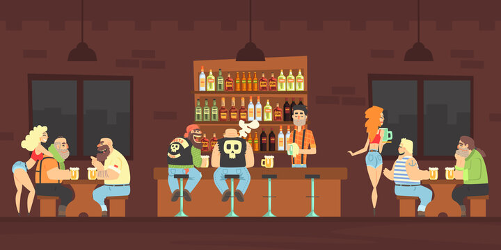 Bikers or Criminal Gang Member Sitting at Counter at Bar Drinking Beer and Chatting, Male Bartender Pouring Beer in Mug at Counter, Beautiful Girls Waitresses Serving Clients Vector Illustration