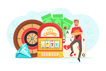 Obraz na płótnie Canvas Young Man Gambling, Guy Playing Roulette, Slot Machine, Poker, Casino and Gambling Cartoon Vector Illustration