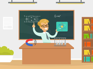 Boy Physicist Scientist Character Explaining Molecular Formula at Blackboard at Lesson Cartoon Vector Illustration