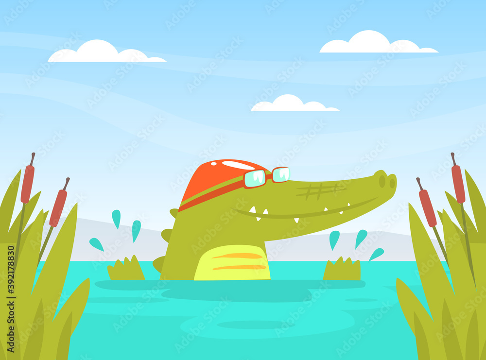 Wall mural Cute Crocodile Character in Cap Swimming in Pond Cartoon Vector Illustration