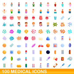 Fototapeta premium 100 medical icons set. Cartoon illustration of 100 medical icons vector set isolated on white background