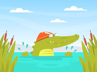 Cute Crocodile Character in Cap Swimming in Pond Cartoon Vector Illustration