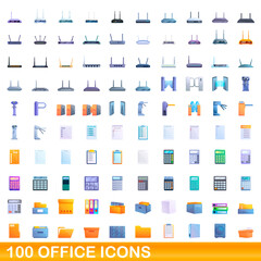 100 office icons set. Cartoon illustration of 100 office icons vector set isolated on white background