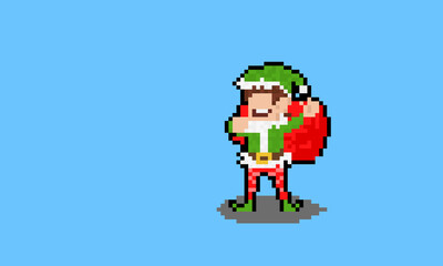 Pixel art cartoon christmas elf character holding red bag.