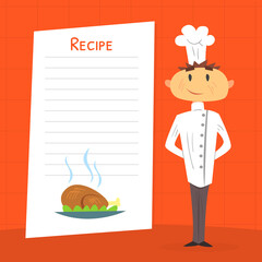 Funny Chef Cook Character Holding Blank Recipe, Book of Recipes Page Cartoon Vector Illustration