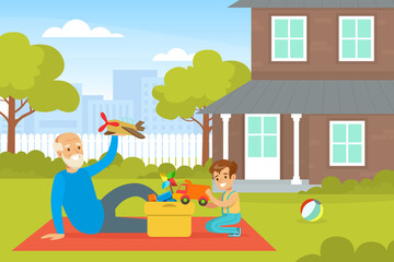 Fototapeta na wymiar Grandpa and Grandson Playing Toys on Backyard, Grandfather Spending Time with Grandchild Cartoon Vector Illustration