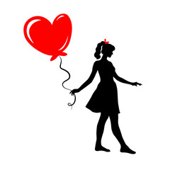 Black silhouette of woman and red balloon heart in her hand isolated on white background. Romantic young girl profile. Stock vector illustration for t-shirt print, poster, banner, sticker, card, logo