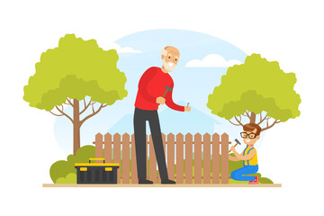 Grandpa and Grandson Repairing Fence in the Backyard, Grandfather Spending Time with Grandchild Cartoon Vector Illustration