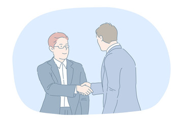 Fototapeta premium Agreement, deal, business, successful negotiations, teamwork concept. Young businessmen in official suits cartoon characters standing and shaking hands after negotiations in office 