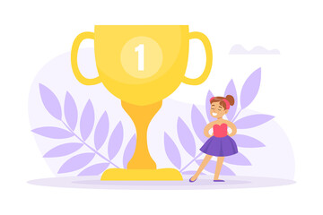 Cute Little Ballerina with Winner Cup, Ballet Dancer Girl Taking Part in Competitions Cartoon Vector Illustration