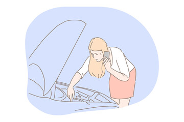 Women and car breakdown concept. Young unhappy frustrated woman driver cartoon character standing near open car hood during breakdown or accident and calling to somebody asking for help on phone 