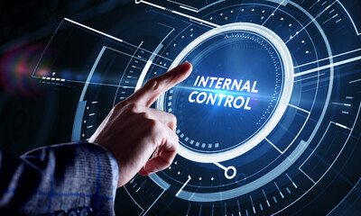 Businessman presses button internal control on virtual screens. Business, Technology, Internet and network concept.