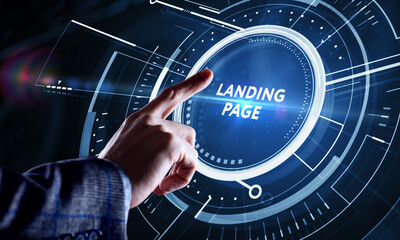 Businessman presses button landing page on virtual screens. Business, Technology, Internet and network concept